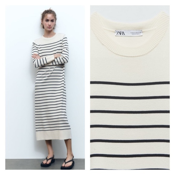 ZARA Ivory Black Stripe Long Sleeve Knit Midi Sweater Dress XL NWT Blogger - Picture 1 of 6